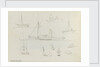 Sketch of two sailing vessels on a blue sea. With colour notes by John Brett