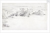 Sketch of a flat coastal view in Cornwall with rocks in the sea by John Brett