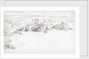 Sketch of a flat coastal view in Cornwall with rocks in the sea by John Brett