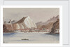 View of coastal town with mountains behind by Harry Edmund Edgell