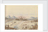 Battle of the White Cloud Mountains showing troops lined up either side of a river by Harry Edmund Edgell