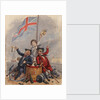 Disabled sailor and soldier leaning on drum toasting Union Flag supported by young sailor by unknown