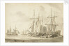 Group of brigs at anchor in a harbour by Gerrit Groenewegen
