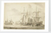 Group of brigs at anchor in a harbour by Gerrit Groenewegen