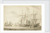 Group of brigs at anchor in a harbour by Gerrit Groenewegen