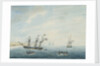 No.1. Thetis on shore near Currituck Inlet, North Carolina Dec 23rd 1794... Cleopatra at anchor near her. Thisbe and Lynx answering private signals by George Tobin