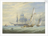 Two cutters under sail and a ship at anchor by John Cantiloe Joy