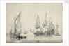 A kaag with a Dutch frigate drying sails by Willem van de Velde the Elder