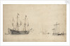 A pink with a Dutch ship drying sails by Willem Van de Velde the Younger