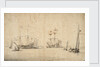 A kaag running free and two Dutch flagships at anchor by Willem Van de Velde the Younger
