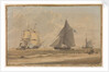 Royal Navy sailing vessel by the shore by unknown