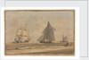 Royal Navy sailing vessel by the shore by unknown