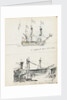 Sketch of an 18th century three-decker and view of a West Indiaman fitting out in Cox & Curtin Yard, Limehouse by John Everett