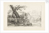 Country scene with trees on a bank by a river by J.C. B.