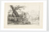 Country scene with trees on a bank by a river by J.C. B.