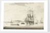 A calm with an East Indiaman anchored in an estuary by Francis Swaine
