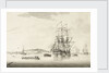A calm with an East Indiaman anchored in an estuary by Francis Swaine