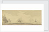 Small vessels in a fresh breeze with a distant fleet, circa 1673, with later additions by Charles Gore by Willem Van de Velde the Younger