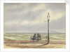 Coastal scene in poor weather, with two women seated on a promenade bench under a lamp post, one with an umbrella, looking out to sea by George Pechell Mends