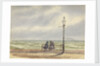 Coastal scene in poor weather, with two women seated on a promenade bench under a lamp post, one with an umbrella, looking out to sea by George Pechell Mends