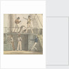 Deck scene with six figures including one steering at the ship's wheel by Robert Streatfeild