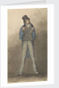 Man standing with legs astride, wearing black hat, blue jacket and tweed trousers by Robert Streatfeild