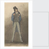 Man standing with legs astride, wearing black hat, blue jacket and tweed trousers by Robert Streatfeild
