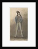 Man standing with legs astride, wearing black hat, blue jacket and tweed trousers by Robert Streatfeild