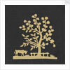 Silhouette of a tree and cow, cut out and stuck on a black background by unknown
