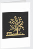 Silhouette of a tree and cow, cut out and stuck on a black background by unknown
