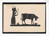 Silhouette of a woman with basket on her head, and a cow grazing, cut out and stuck on white background by unknown