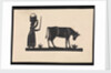 Silhouette of a woman with basket on her head, and a cow grazing, cut out and stuck on white background by unknown