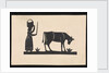 Silhouette of a woman with basket on her head, and a cow grazing, cut out and stuck on white background by unknown