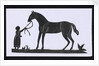 Silhouette of a woman leading a big horse, cut out and placed on white backround by unknown