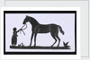 Silhouette of a woman leading a big horse, cut out and placed on white backround by unknown