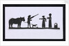Silhouette of a man leading a bear with a dog meeting up with two women, cut out and placed on yellow backround by unknown