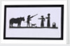 Silhouette of a man leading a bear with a dog meeting up with two women, cut out and placed on yellow backround by unknown