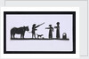 Silhouette of a man leading a bear with a dog meeting up with two women, cut out and placed on yellow backround by unknown