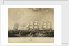 This print representing the East India Ship 'Vernon', Geo. Denny, Commander, on her voyage out, fitted with a Steam Engine of 30 horse power, passing HM ships Edinburgh & Blenheim 74 beating down Channel on the 21st of September 1839 off Benbridge [sic, i by W. O. Geller