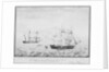 A view of the prize ship 'Orion' and the 'Margarite' and 'Ann' just at the moment her foremast caught fire xixteen leagues southward of the island of Iceland, circa 1808 by Jorgen Jorgensen