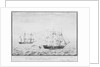 A view of the prize ship 'Orion' and the 'Margarite' and 'Ann' just at the moment her foremast caught fire xixteen leagues southward of the island of Iceland, circa 1808 by Jorgen Jorgensen