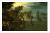 A busy river scene with Dutch vessels and a ferry by Jan Brueghel the Elder