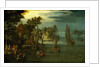 A busy river scene with Dutch vessels and a ferry by Jan Brueghel the Elder