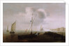 A fishing boat with sail lowered near the shore by Hans Goderis