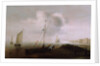 A fishing boat with sail lowered near the shore by Hans Goderis