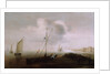 A fishing boat with sail lowered near the shore by Hans Goderis