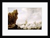 A fishing boat in rough sea off a rocky shore by Julius Porcellis