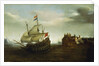 A castle with a Dutch ship sailing nearby by Hendrick Cornelisz Vroom