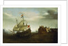 A castle with a Dutch ship sailing nearby by Hendrick Cornelisz Vroom