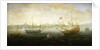 A Dutch and English ship off a harbour by Abraham de Verwer